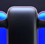Close-up of a sleek black wireless earbud with blue and purple lighting accents.