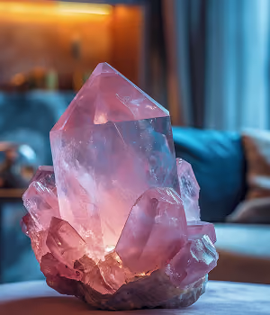 Large translucent pink quartz crystal cluster on a table with a blurred living room background.