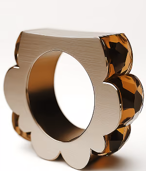 Abstract metallic sculpture with a circular hollow center and scalloped edges.