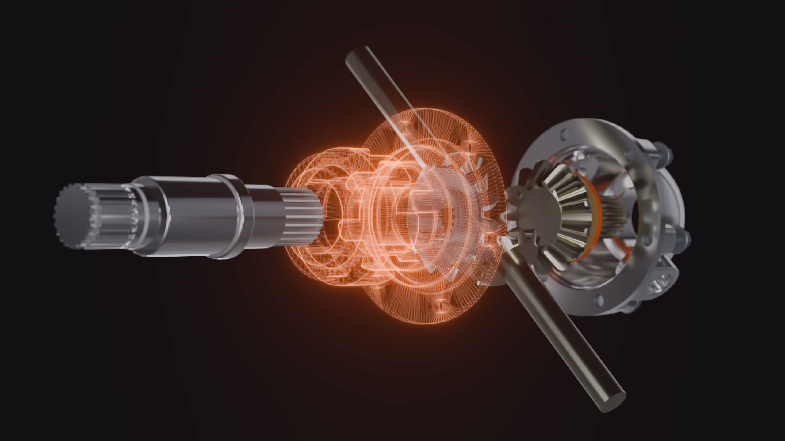Eine 3D-Visualisierung eines mechanischen Lagers, bei dem ein Teil durch ein Hologram-Shader hervorgehoben wird.