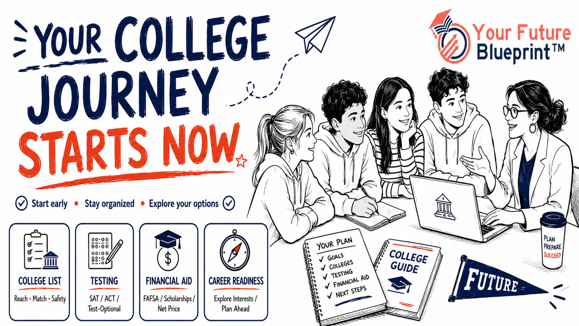 High school junior reviewing a college planning roadmap with support from a counselor or parent.