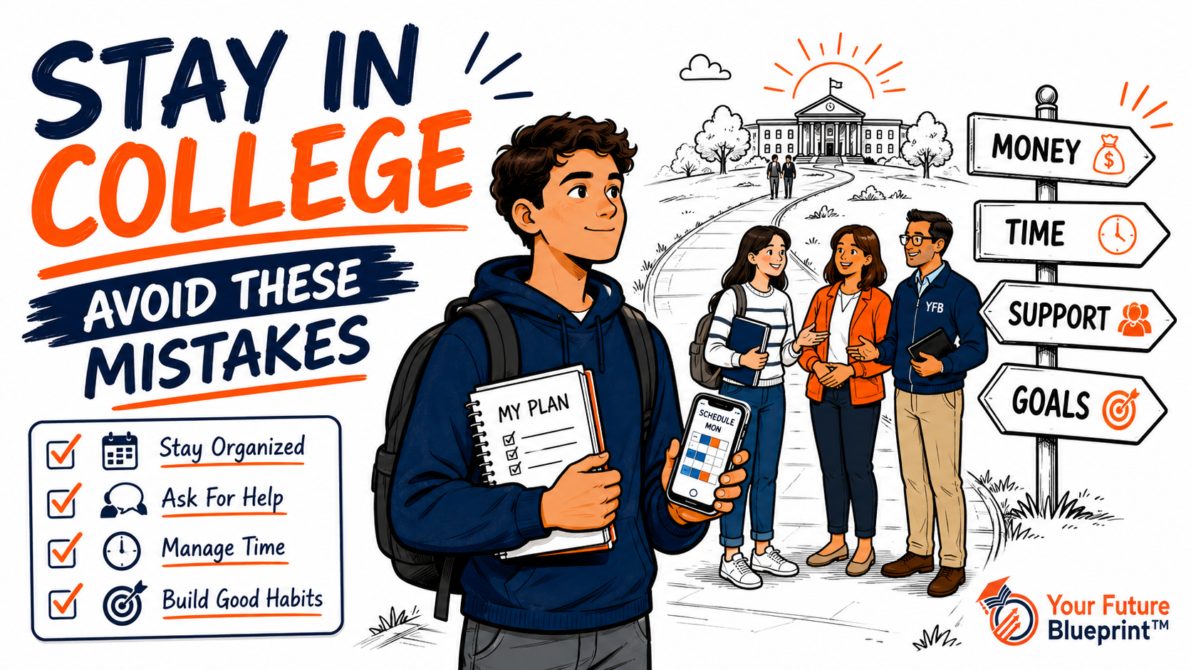 College student standing on a campus pathway with planning tools and a small support group nearby, representing practical steps to stay on track in college.