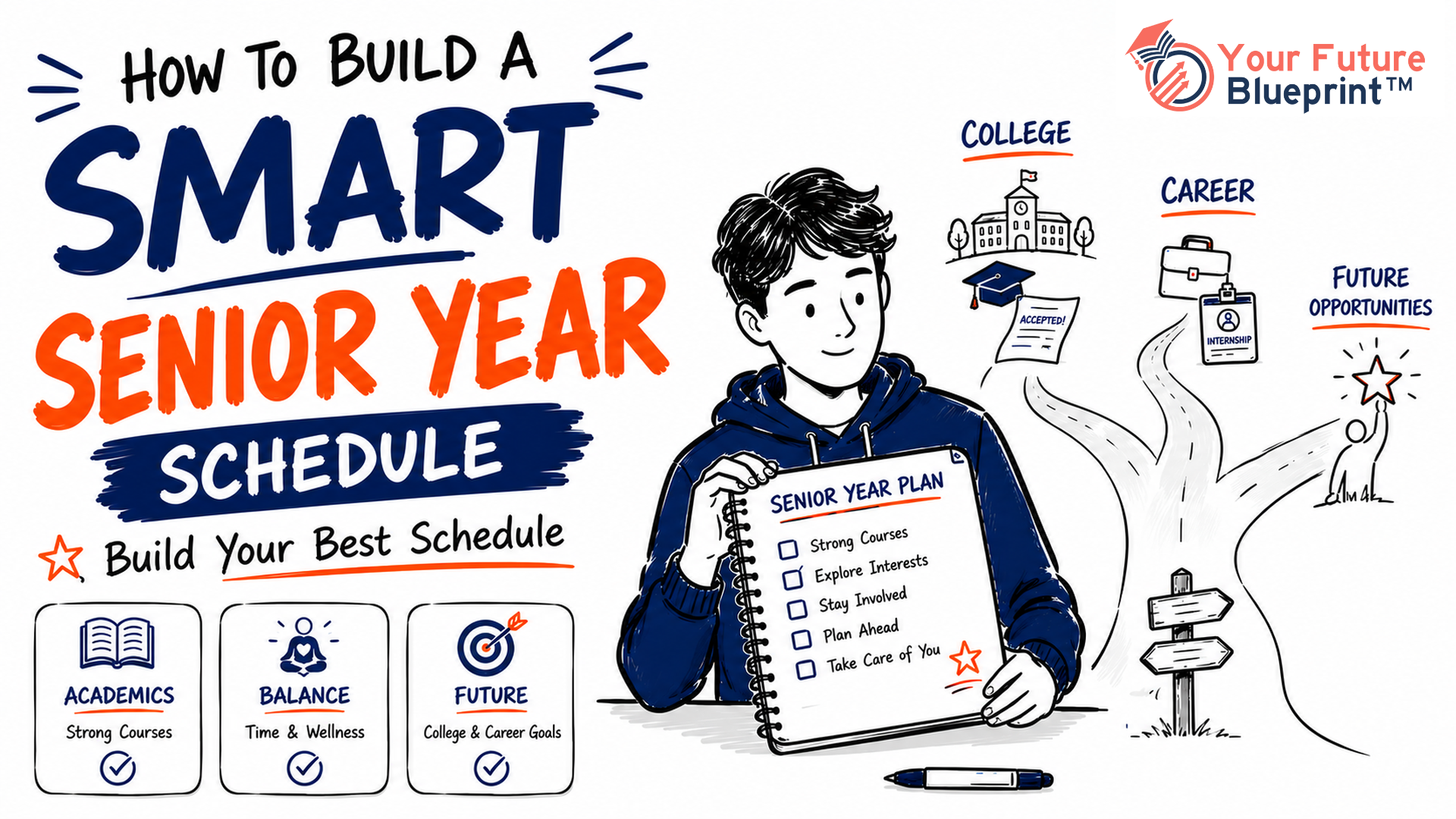High school senior reviewing a balanced senior-year course schedule with future education and career goals in mind.