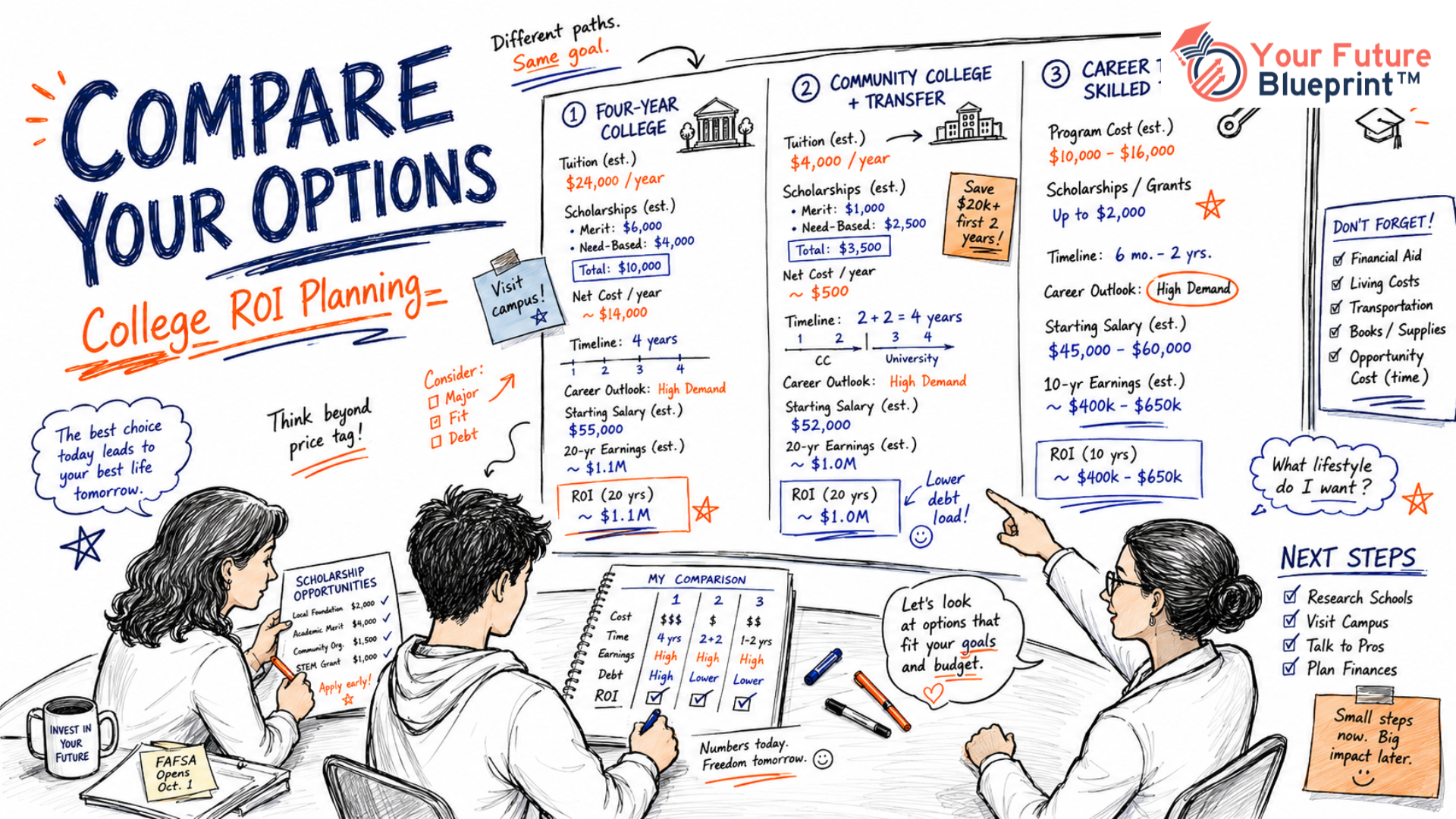 Student comparing college costs, scholarships, graduation outcomes, and career earnings while evaluating return on investment with support from family and a school counselor.