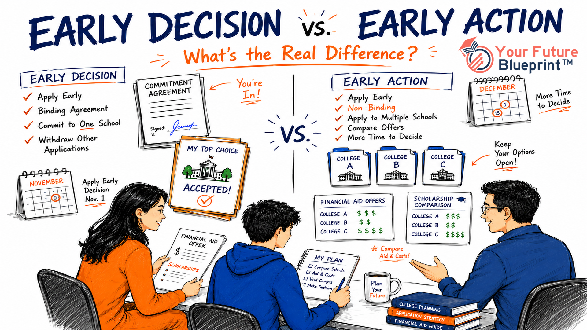 Student comparing Early Decision and Early Action college application paths while evaluating commitment level, financial aid flexibility, and college options with support from family and school guidance.