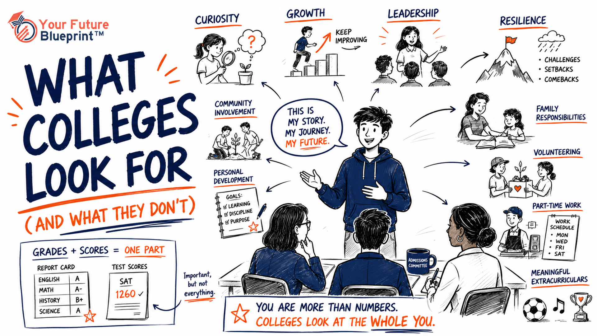 Student-centered illustration showing how colleges evaluate applicants through academic effort, personal growth, leadership, resilience, meaningful involvement, and authentic experiences rather than grades and test scores alone.