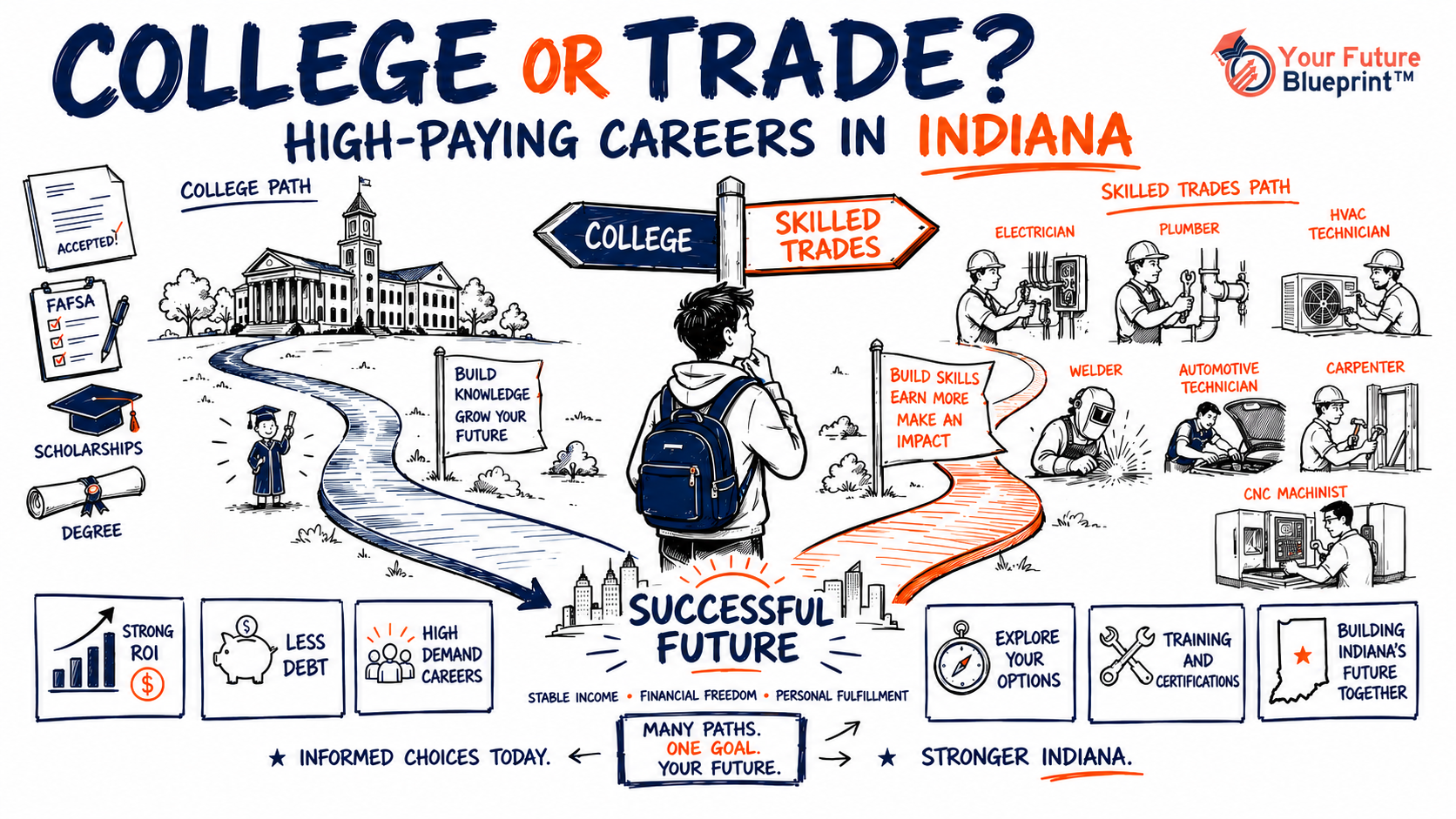 High school student comparing college and skilled trade career pathways, highlighting training costs, earnings potential, and career opportunities in Indiana.