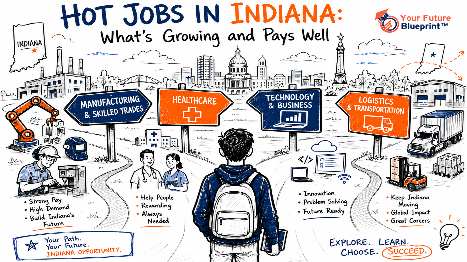 High school student exploring Indiana career pathways in manufacturing, healthcare, technology, and logistics.