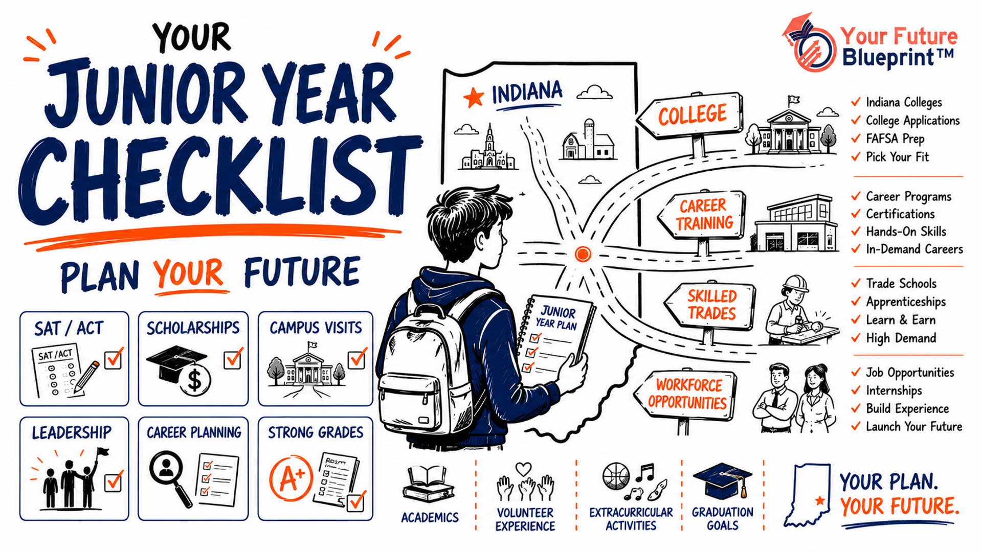 High school junior planning for college and career pathways in Indiana using academics, career exploration, scholarships, leadership activities, and future planning tools.