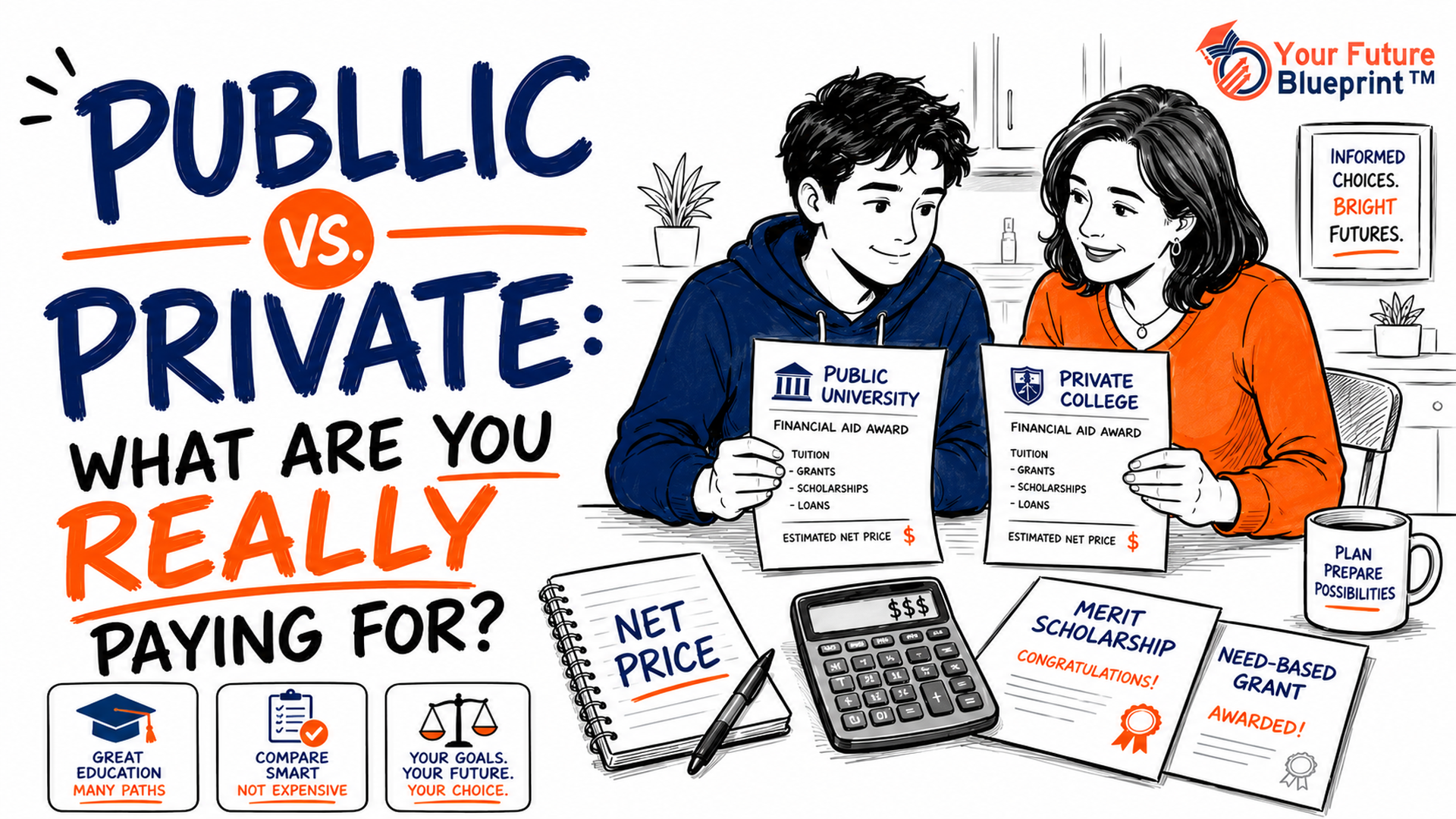 Student and parent comparing financial aid offers from a public university and a private college while calculating net college costs.