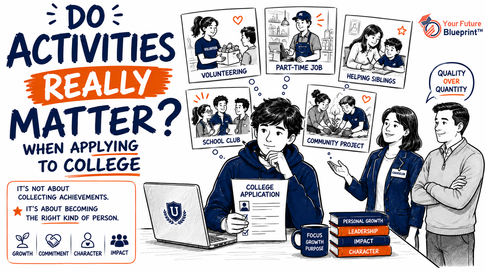 Student reviewing meaningful extracurricular experiences—including volunteering, work, caregiving, and school activities—to prepare a college application.