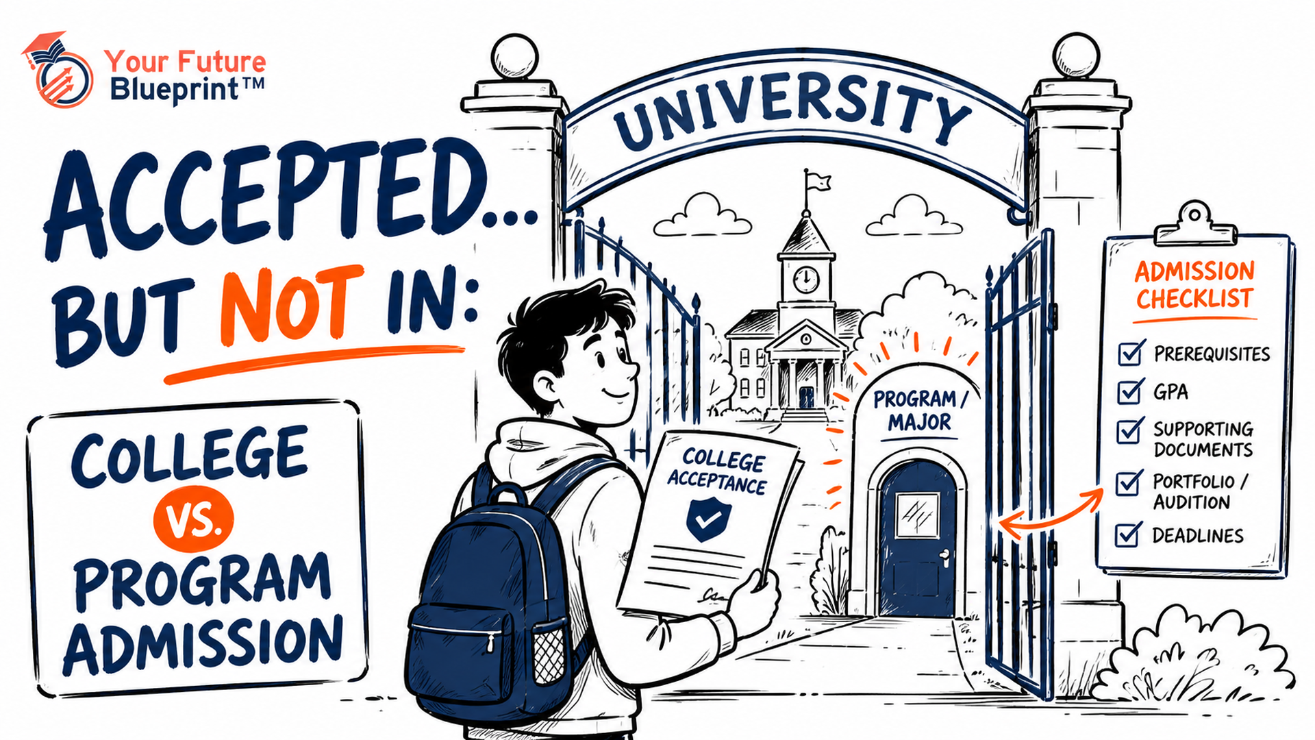 A student holding a college acceptance letter while looking at a separate program admission door with a checklist.