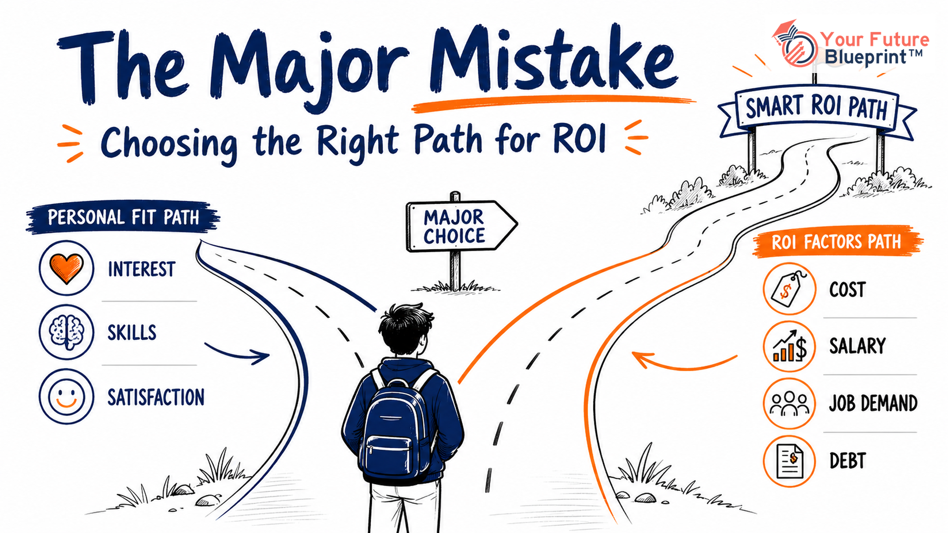 Whiteboard illustration of a student comparing passion, skills, cost, salary, job demand, and debt before choosing a college major.