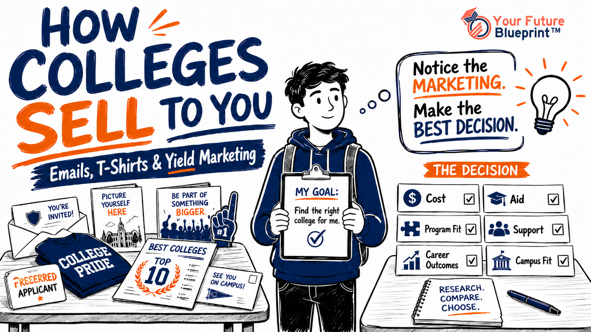Student comparing college marketing materials with a practical college decision checklist focused on cost, fit, programs, support, and outcomes.