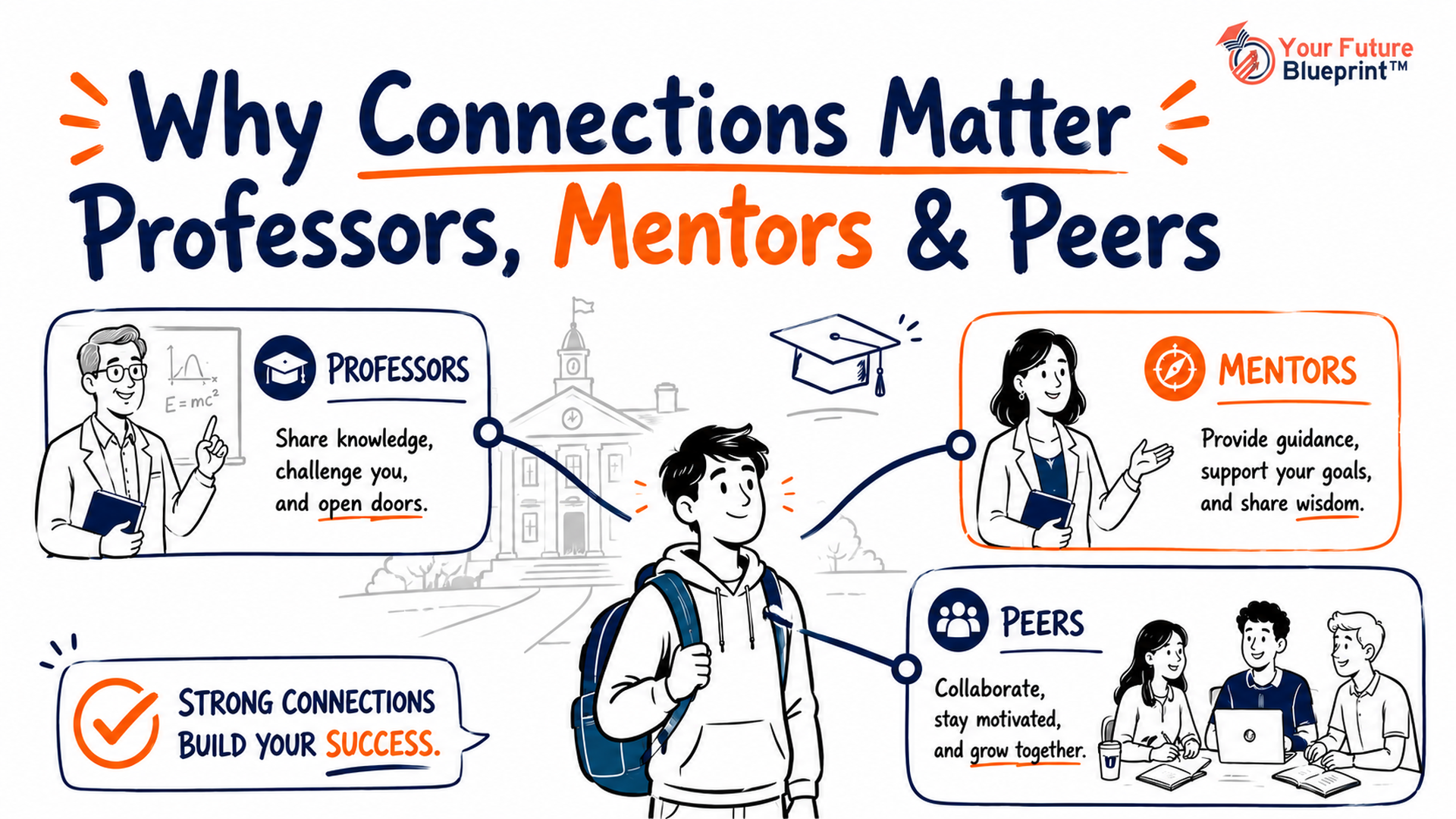 A student is connected to a professor, mentor, and peer group through a simple support network that represents college relationships and guidance.