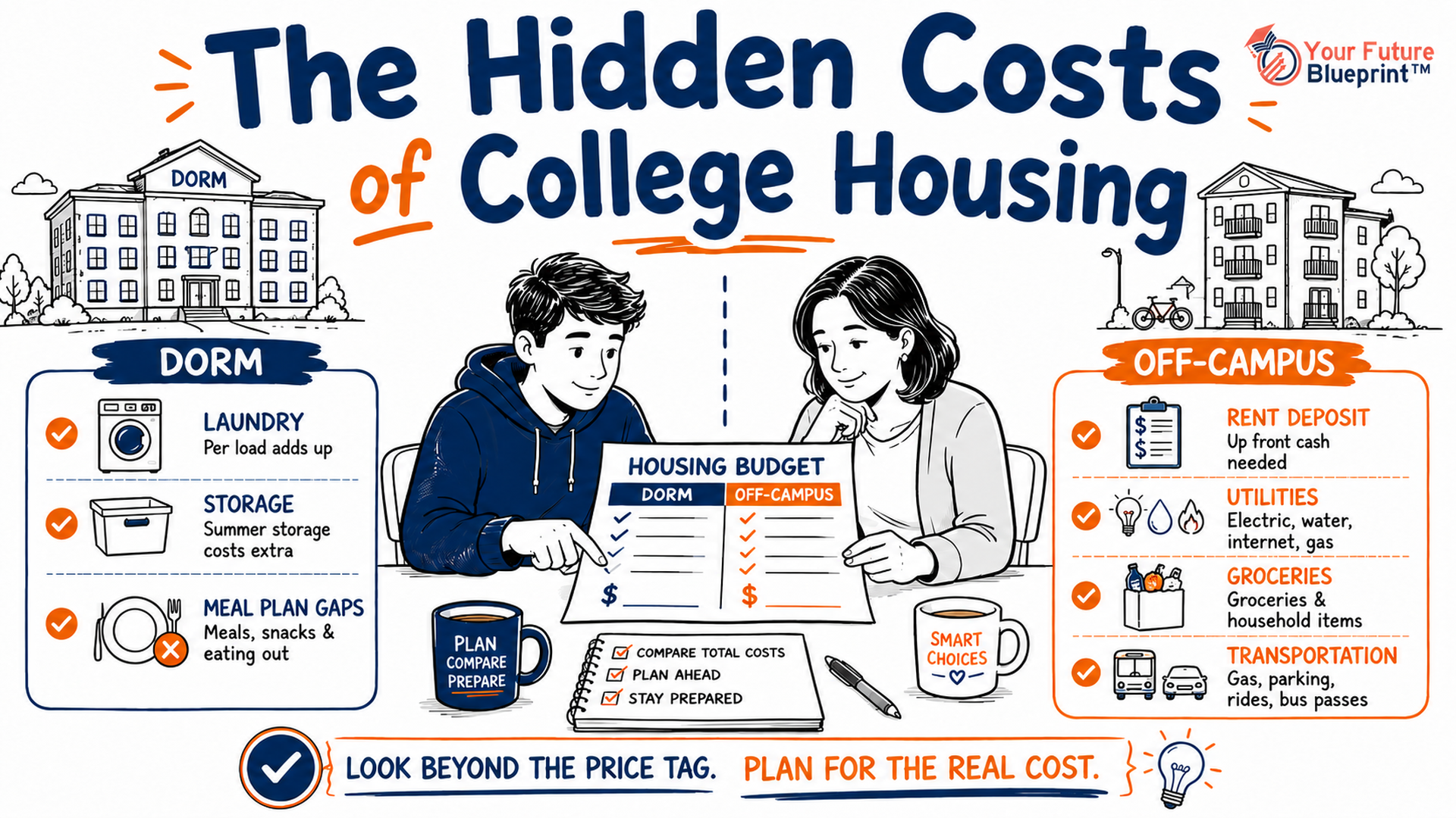 Student and parent reviewing a college housing budget that compares dorm and off-campus hidden costs.