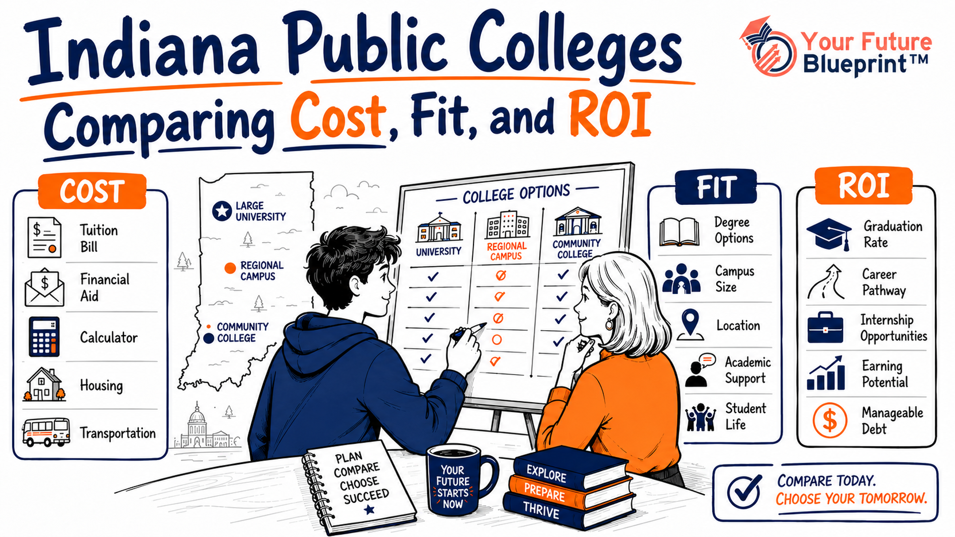 Student comparing Indiana public colleges by reviewing cost, academic fit, and career outcomes using a simple decision framework.