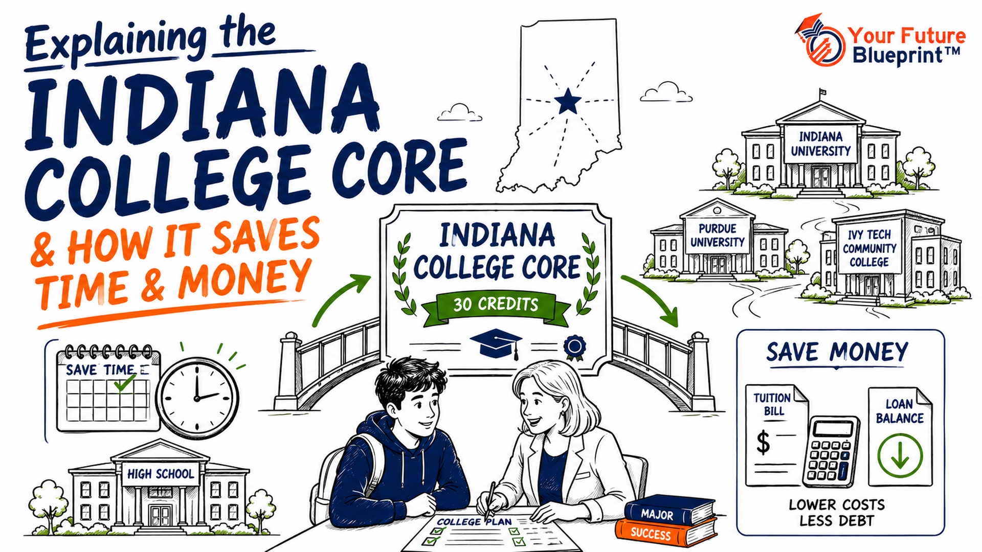 Indiana student and school counselor reviewing a 30-credit Indiana College Core pathway that connects high school courses to Indiana public colleges, with calendar and tuition icons representing potential time and cost savings.