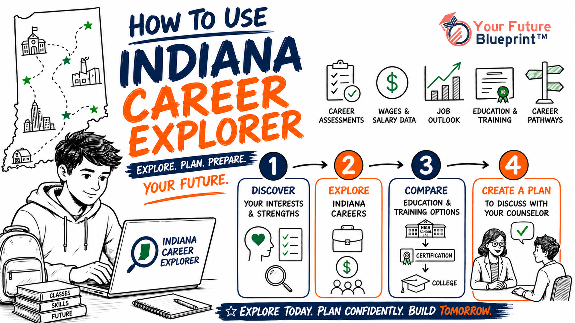 Indiana high school student using Indiana Career Explorer to compare personal interests, career options, training pathways, and future planning steps.