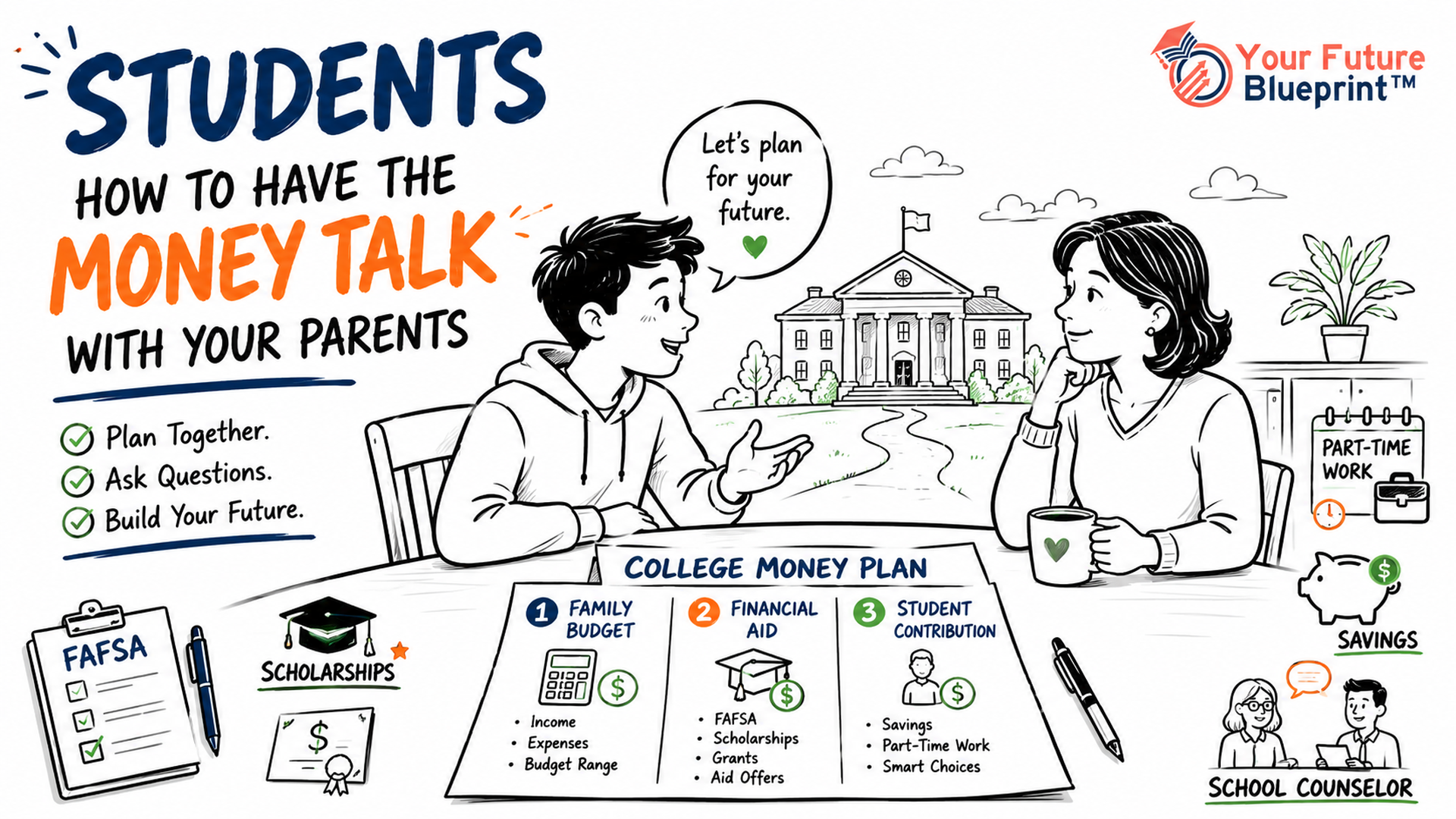 Student and parent having a calm conversation about college costs while reviewing a college money planning worksheet together.