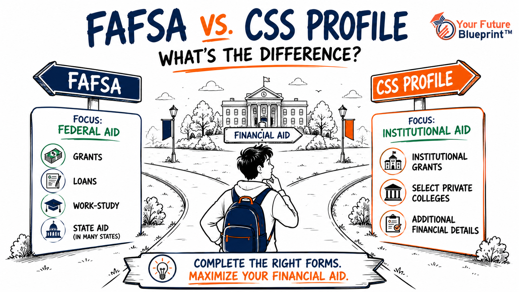 Student comparing FAFSA and CSS Profile financial aid applications with icons representing federal aid and institutional grants.