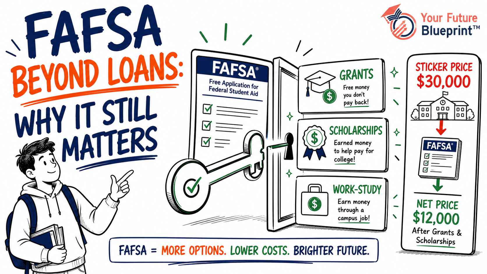 Illustration of a student using the FAFSA as a key to unlock grants, scholarships, work-study opportunities, and lower net college costs, emphasizing that FAFSA offers more than student loans.