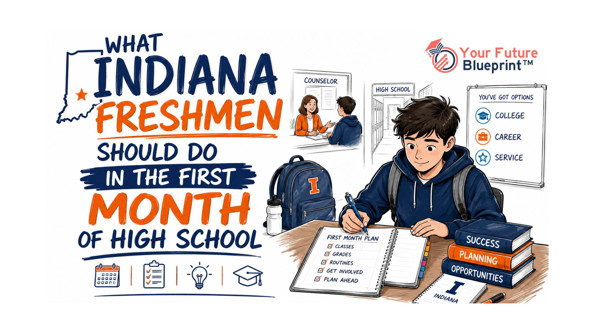 Indiana high school freshman reviewing a class schedule and first-month school plan.