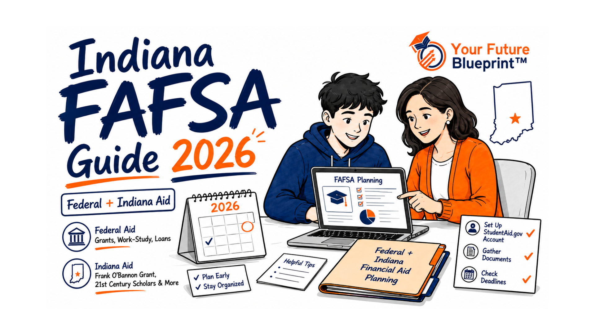 Indiana student and parent reviewing 2026–27 FAFSA and state financial aid planning information.
