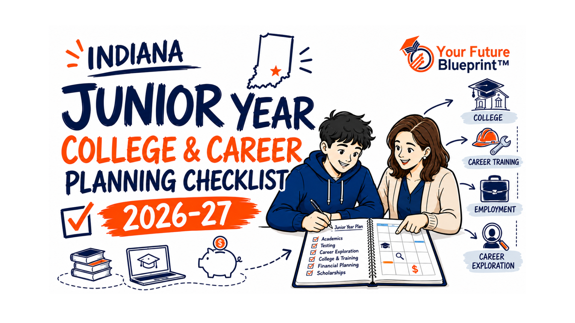 Indiana high school junior reviewing a 2026–27 college and career planning checklist with an adult, showing academics, testing, career exploration, and financial planning.
