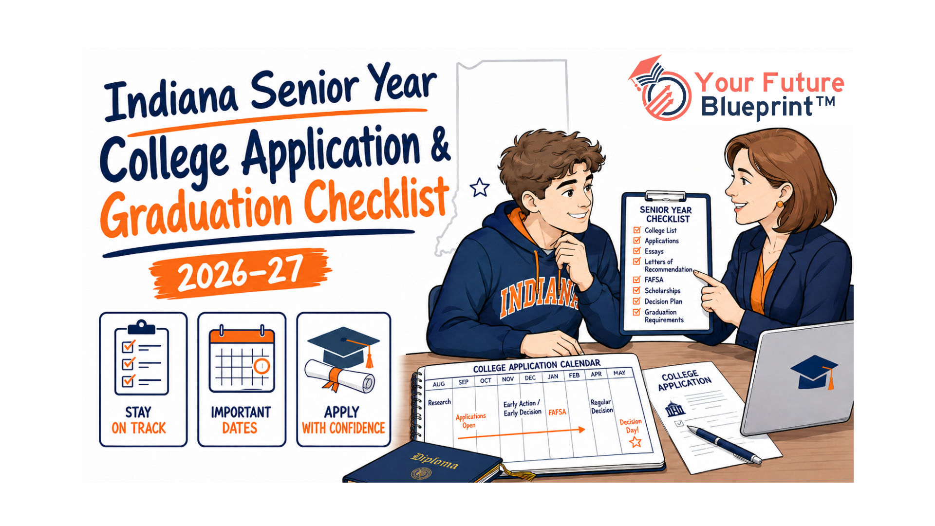 Indiana high school senior reviewing a college application and graduation checklist with a counselor.