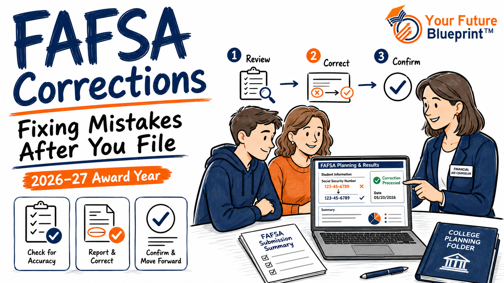 Student and parent reviewing a FAFSA correction on a laptop with guidance from a financial aid counselor.