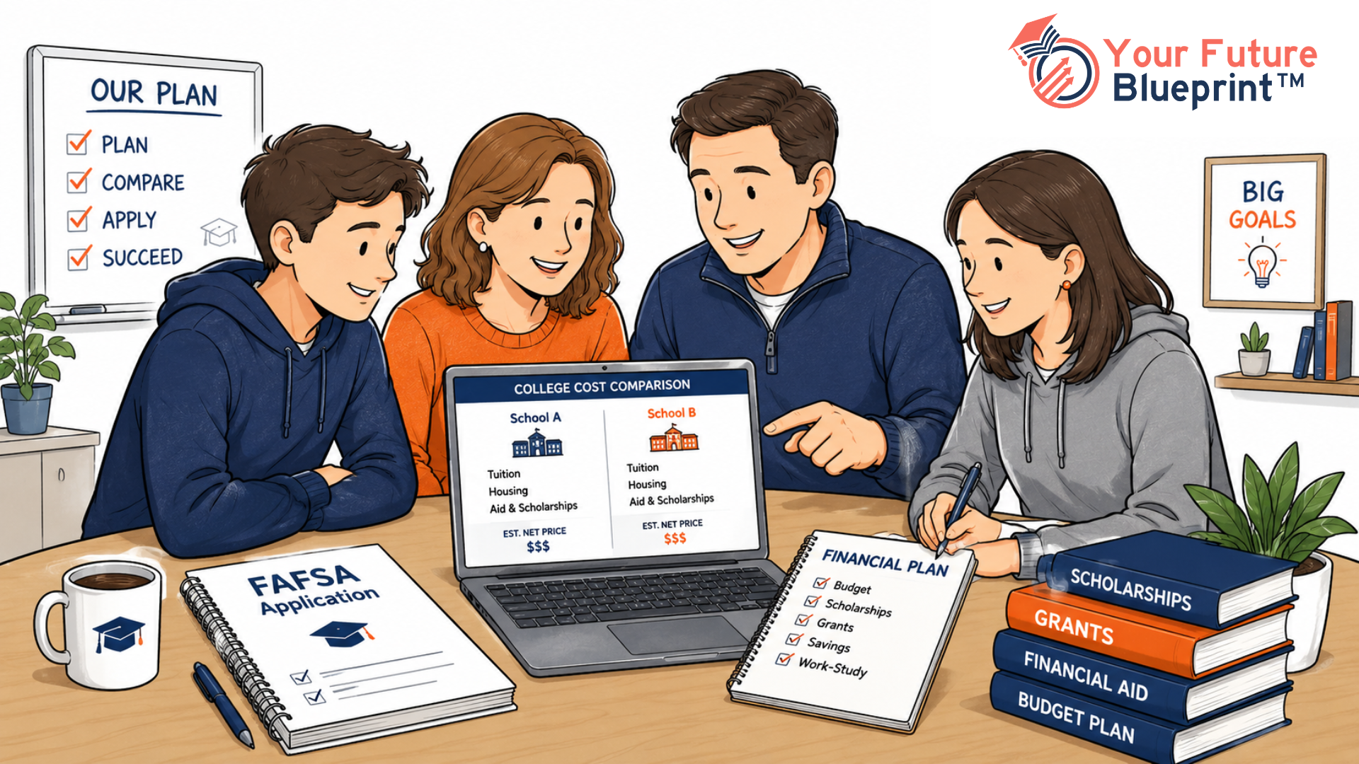 Family with two college students reviewing FAFSA and college cost information together at a table