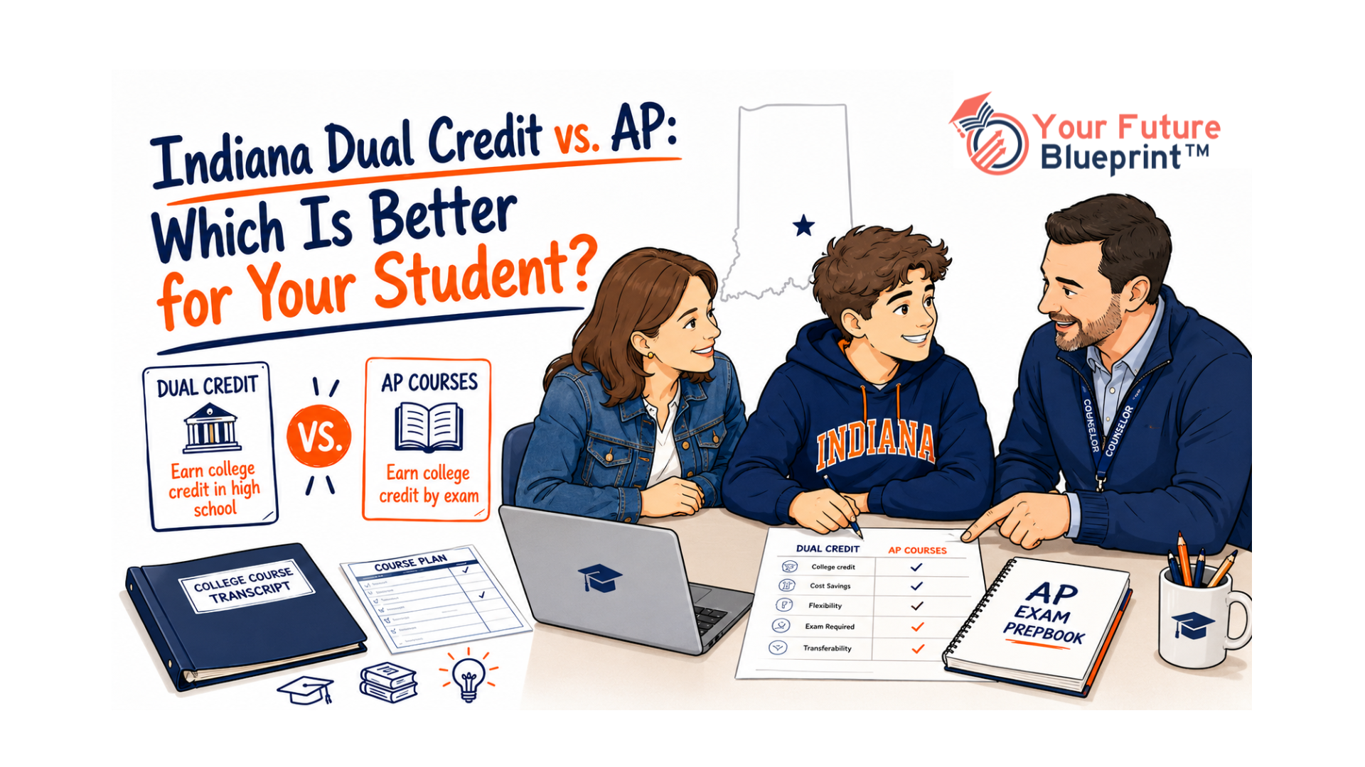 Indiana student, parent, and counselor comparing dual credit and AP course options during high school planning.