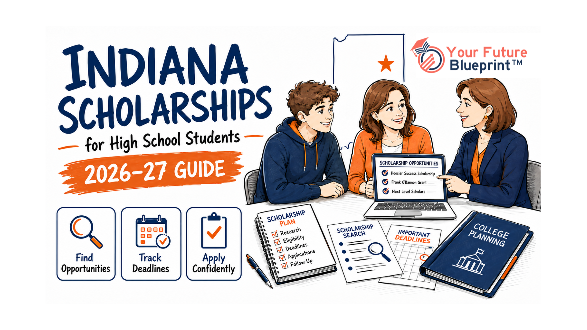 Indiana high school student reviewing scholarship and financial aid options with a parent and school counselor.