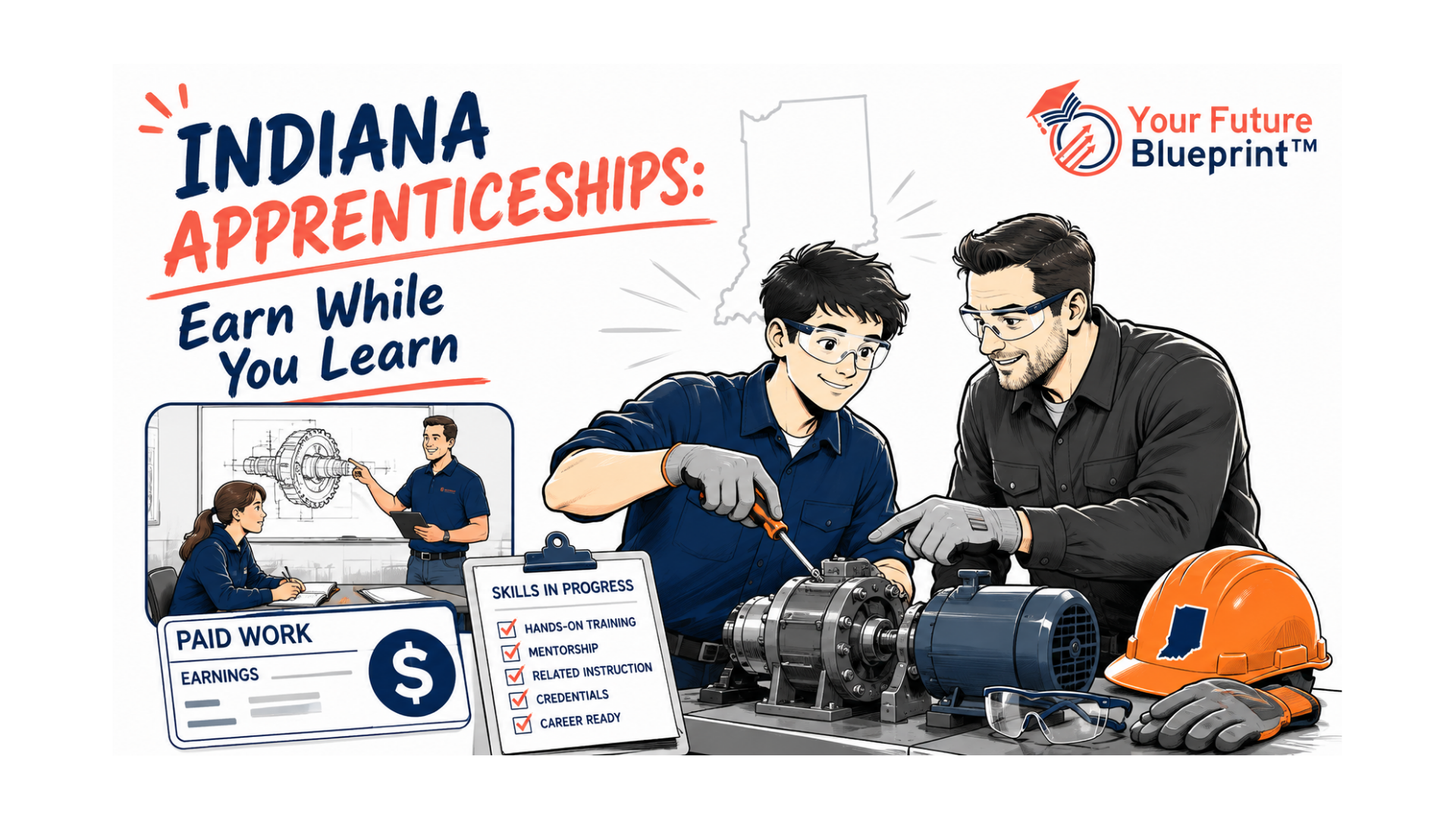 Indiana student completing paid hands-on apprenticeship training with an experienced mentor while building workplace skills and credentials.