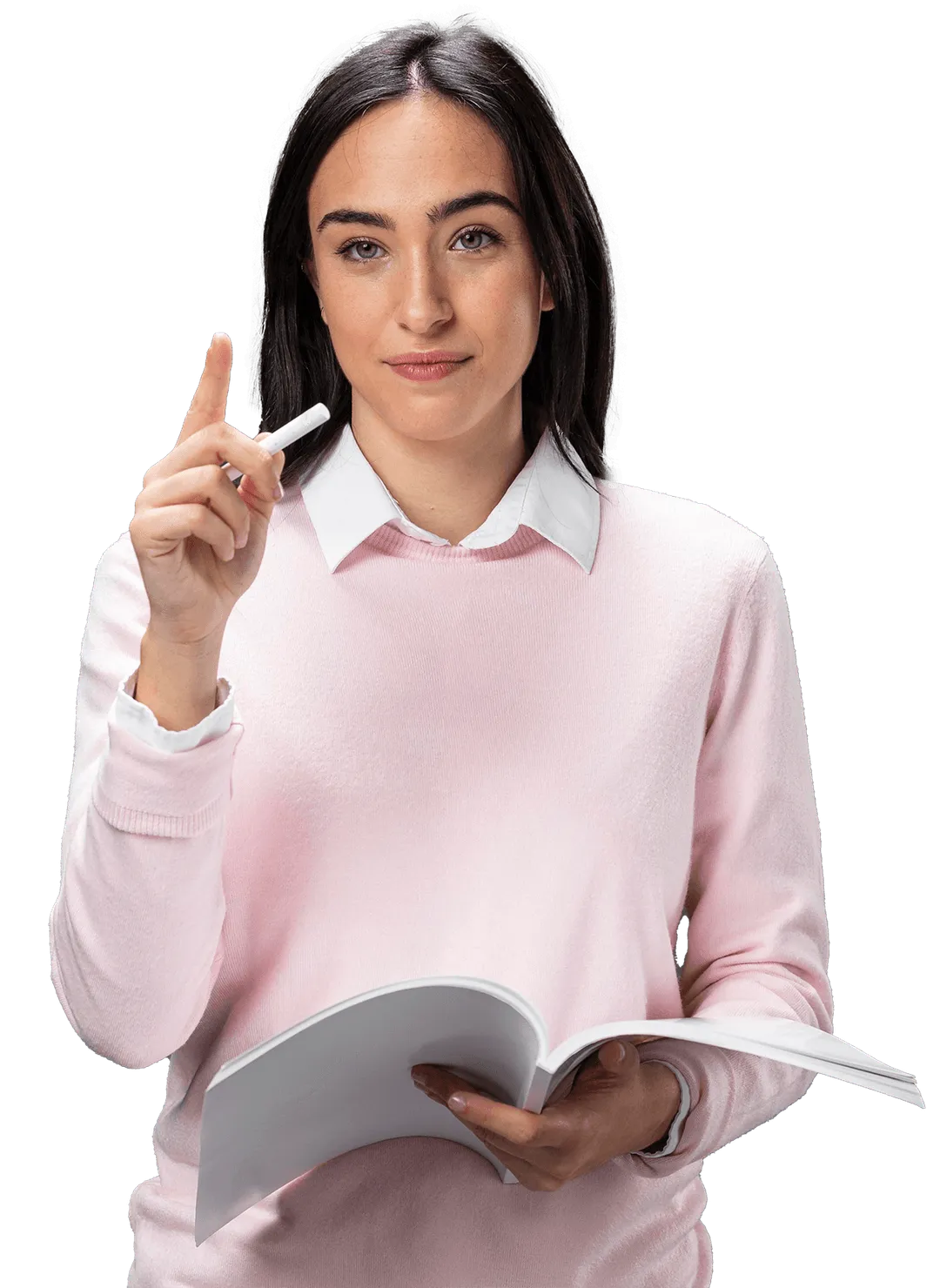 A woman holding a pen and a book.