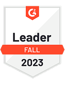 G2 Leader badge for Fall 2023 with white shield and red banner.