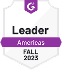 G2 Leader badge for Americas Fall 2023 with purple and black text on a white shield background.
