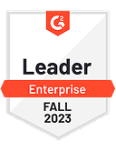 G2 Leader badge for Enterprise category for Fall 2023 with orange and black text on a white background.