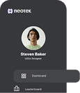 Mobile app sidebar with Neotex logo, profile photo of Steven Baker, web designer, and menu options Dashboard and Leaderboard.