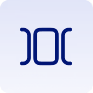 Blue square logo with two stylized dark blue brackets facing each other.