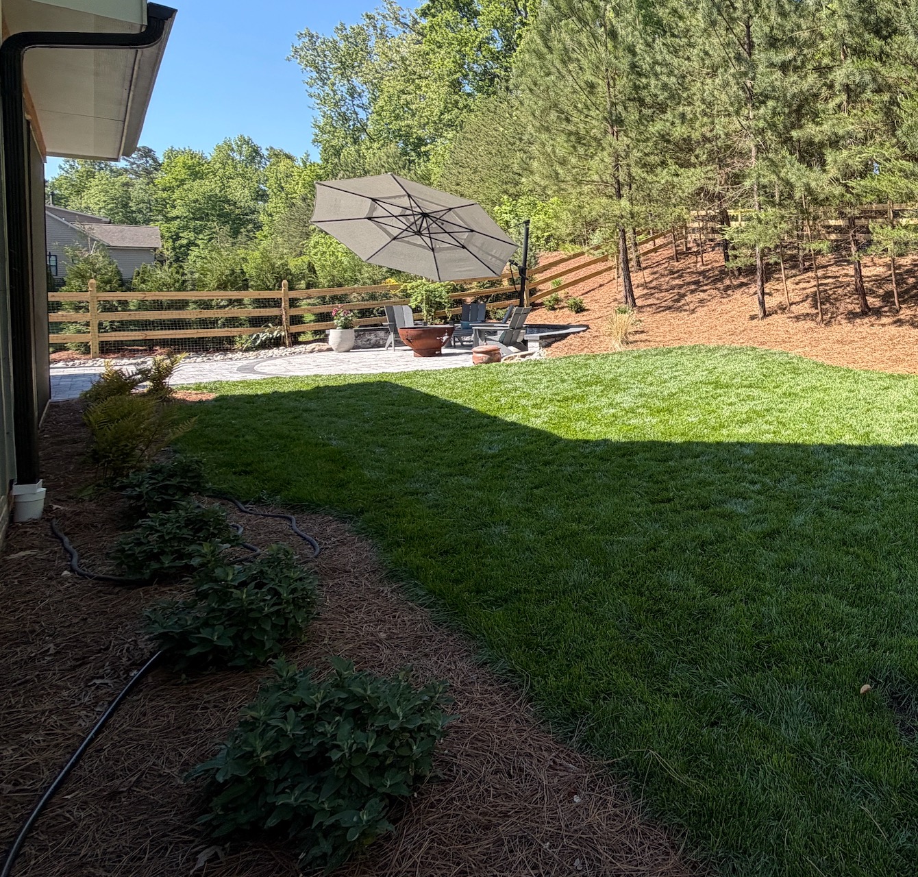 Finished lawn with irrigation and stone path