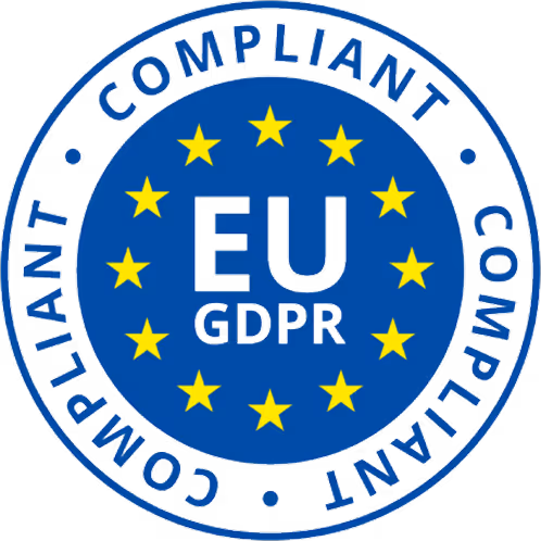 Blue circular badge with yellow stars around the text 'EU GDPR' and the word 'COMPLIANT' repeated around the outer edge.