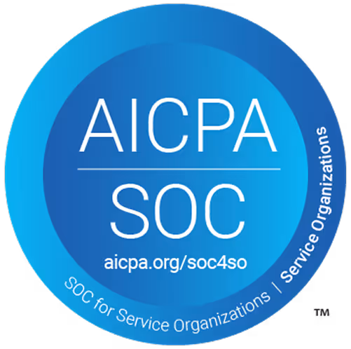 AICPA SOC blue circular seal with text 'SOC for Service Organizations' and website 'aicpa.org/soc4so'.