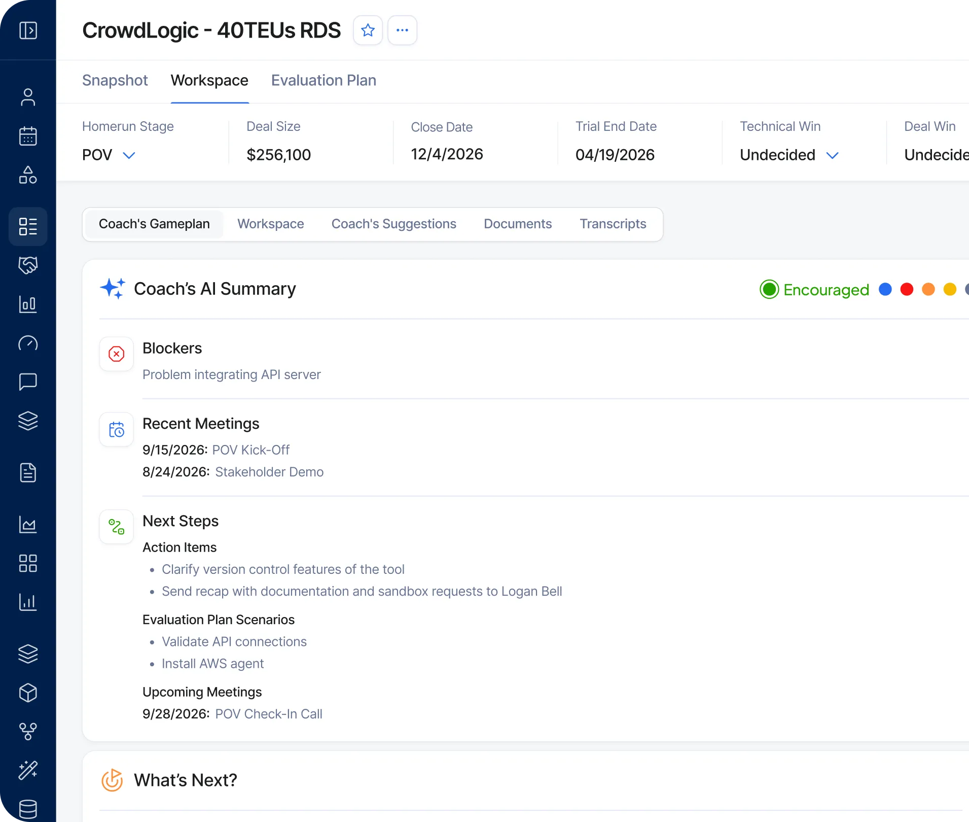 Sales workspace dashboard summarizing deal details, blockers, recent meetings, next steps, and evaluation plan for CrowdLogic - 40TEUs RDS.