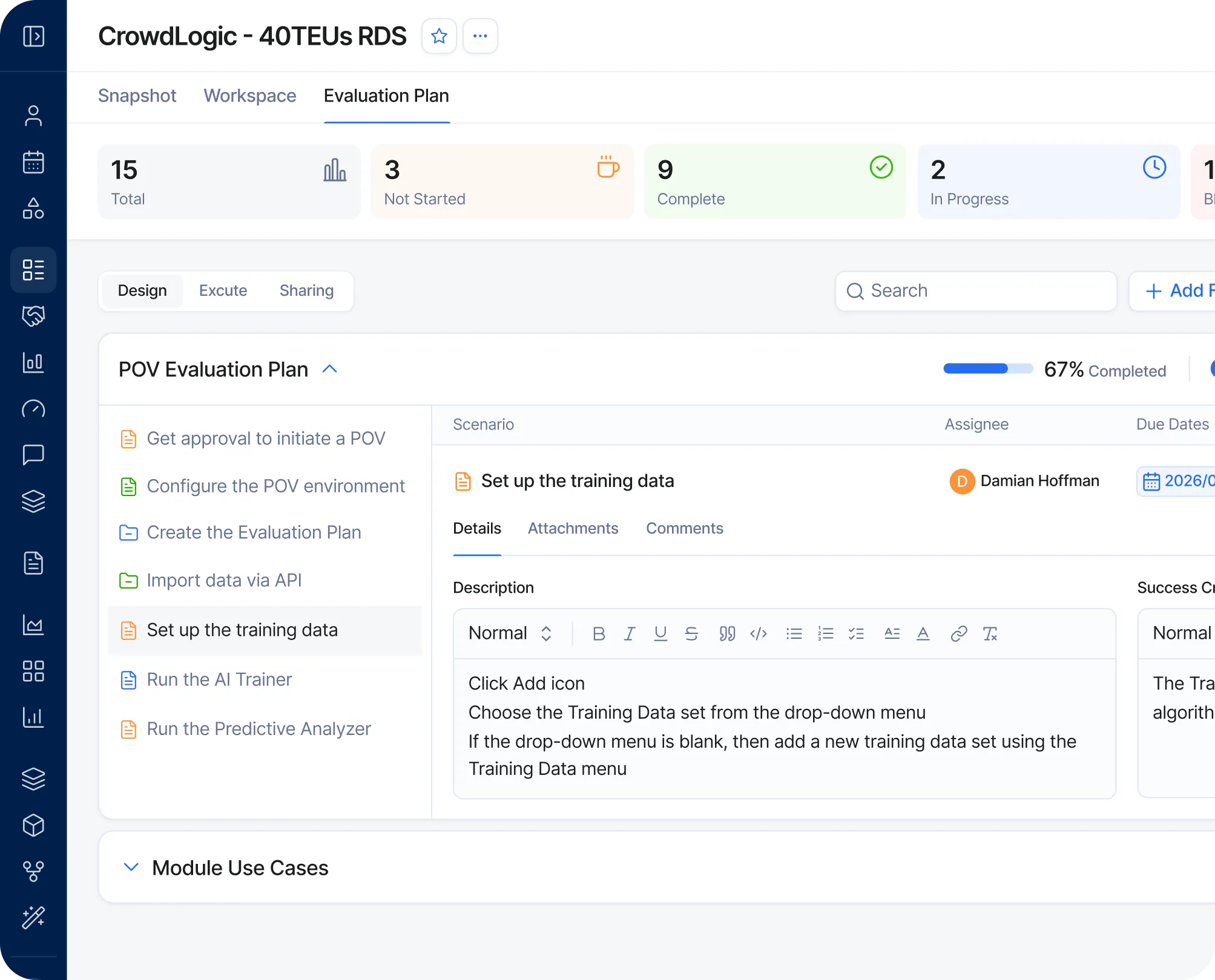 CrowdLogic evaluation plan dashboard showing 15 total tasks with status: 3 not started, 9 complete, 2 in progress; Detailed view of "Set up the training data" task assigned to Damian Hoffman with instructions and due date in 2026.