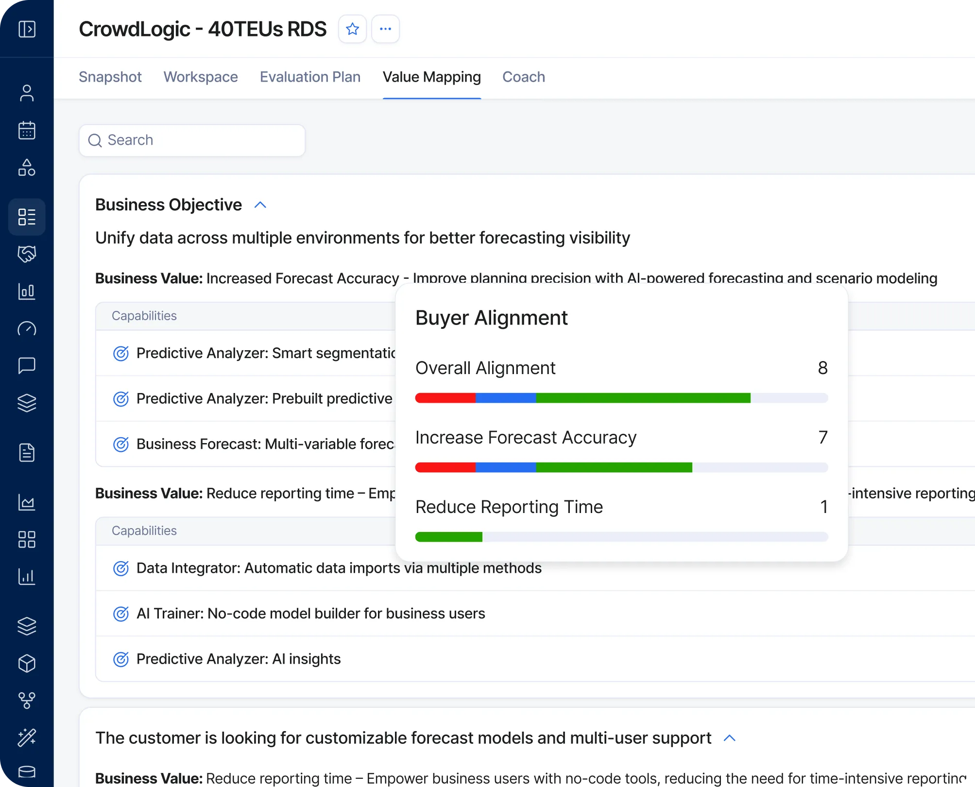 CrowdLogic value mapping page showing business objectives for unifying data for better forecasting visibility with buyer alignment scores for overall alignment, increase forecast accuracy, and reduce reporting time.