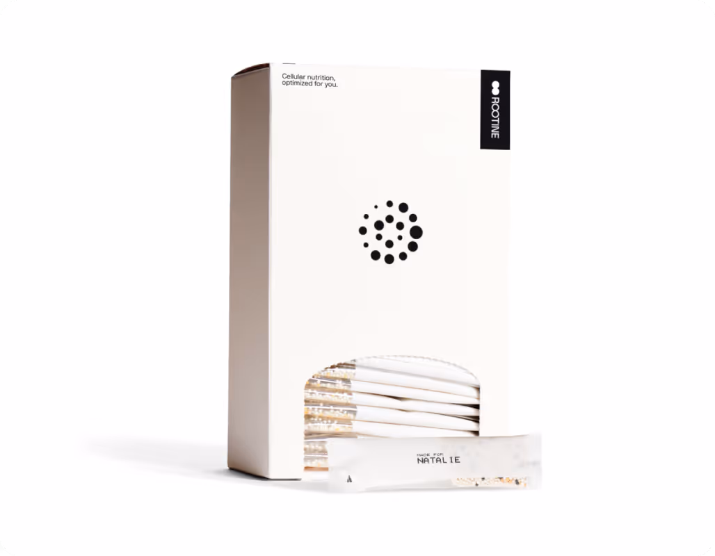 Rootine Smart Multivitamin box with personalized microbead sachets labeled Natalie.