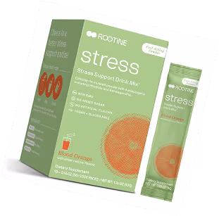 Rootine Stress Support Drink Mix box in citrus flavor, designed to support relaxation and stress management.