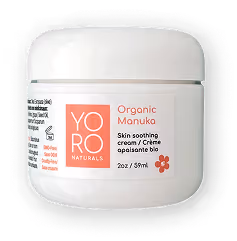 YORO Naturals Organic Manuka Soothing Cream in white jar with red label.
